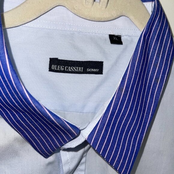 Oleg Cassini Skinny Shirt XL Mens Vintage Cotton Blue Pink Striped Pocket Collar - Picture 4 of 12